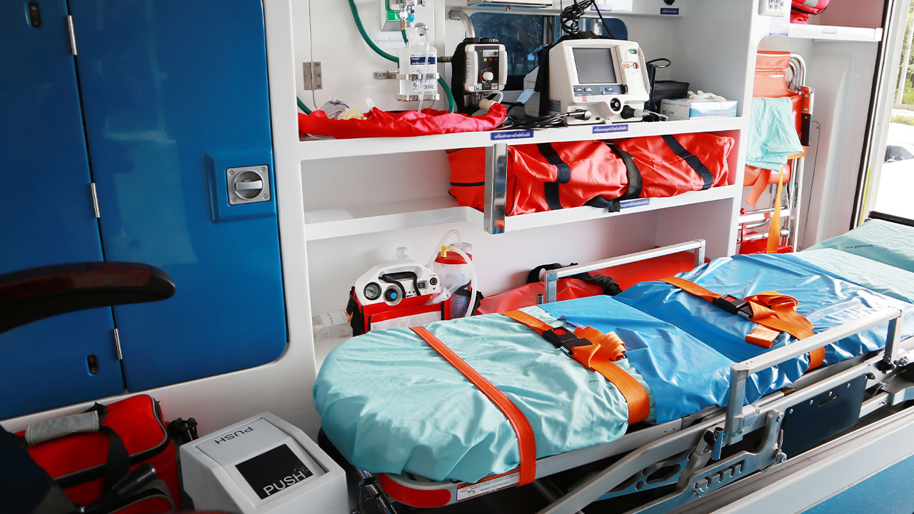 Gurney bed in ambulance
