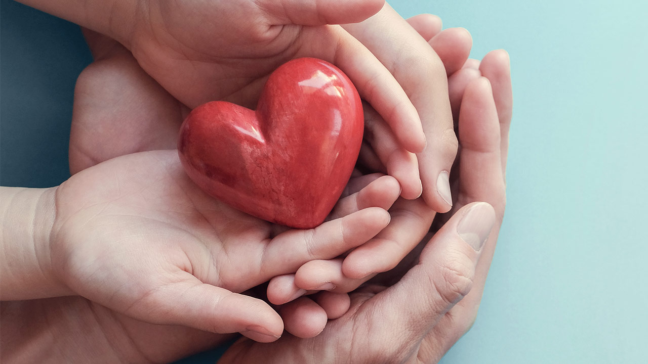 Red heart in palm of hands